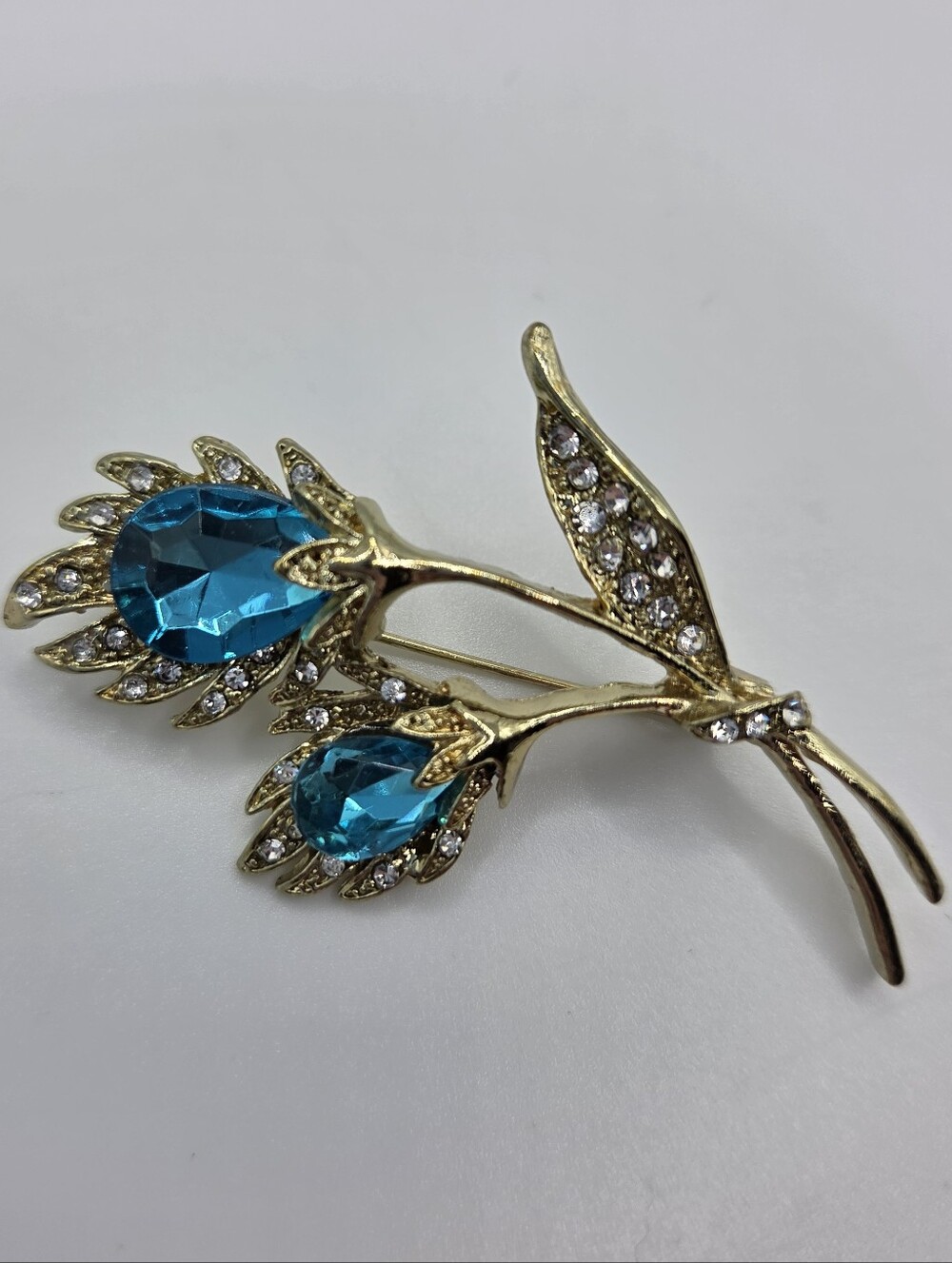 Gold Floral Brooch Blue Teardrop Crystal Rhinestone Double Bloom New